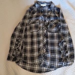 Plaid button up blouse with ruffle sleaves